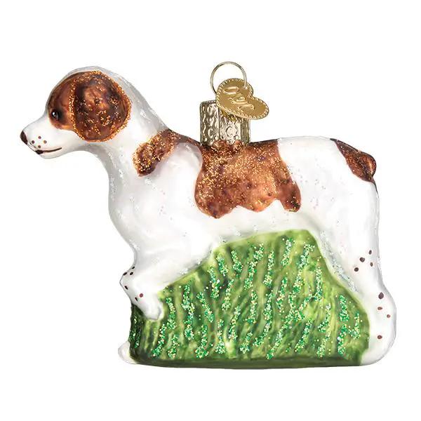 Brittany Spaniel glass ornament, brown and white dog on glittery green grass, gold hanger on Tampa Home & Garden Store