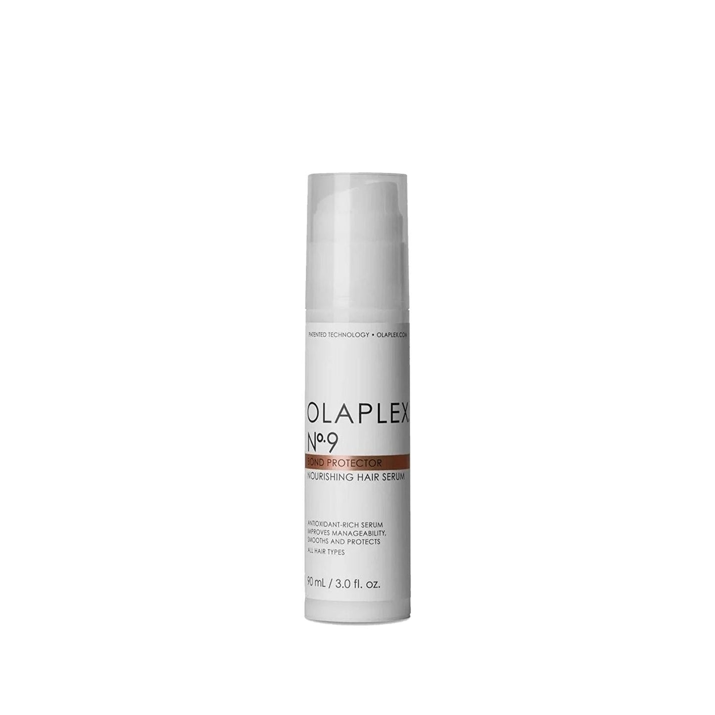 Olaplex No.9 Bond Protector Nourishing Hair Serum pump bottle, white label with copper stripe on Tampa Home & Garden Store