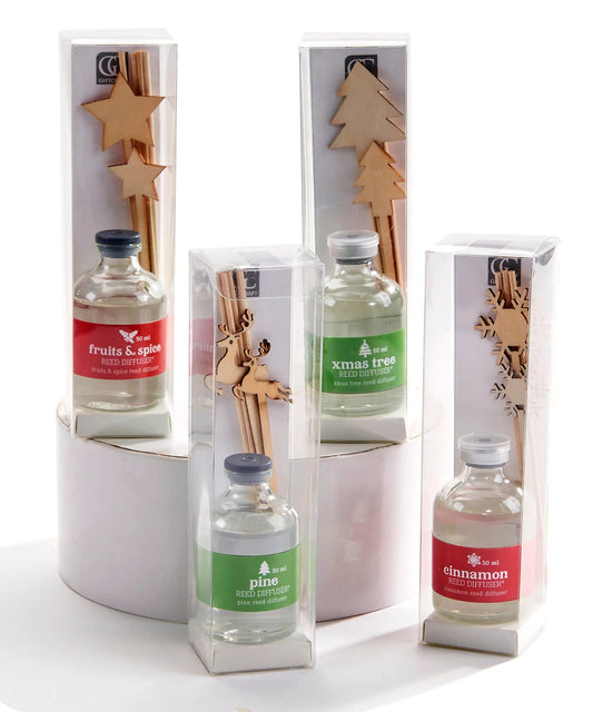 Christmas Reed Diffuser: 5 fragrances in clear boxes with star/tree wood accents on Tampa Home & Garden Store