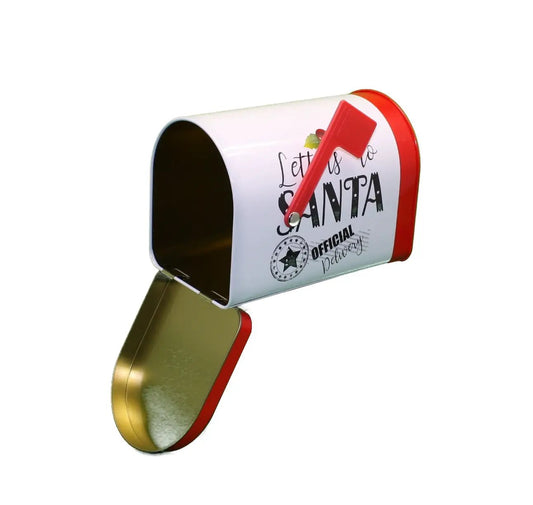 Santa's Mailbox Gift Tin White Version with red end cap, red flag, and gold interior on Tampa Home & Garden Store