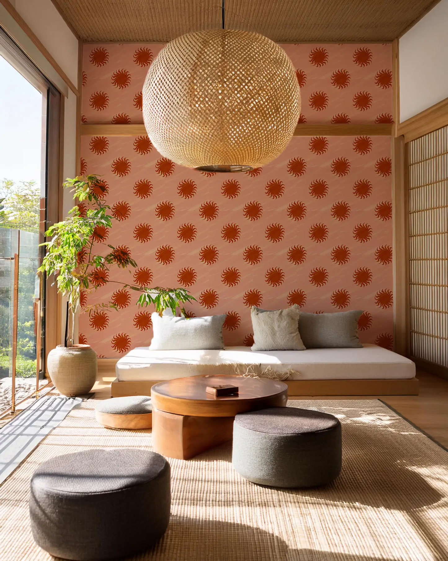 Sol Wallpaper Terra Cotta and Rust Finish wallpaper with orange sunburst motif on Tampa Home & Garden Store
