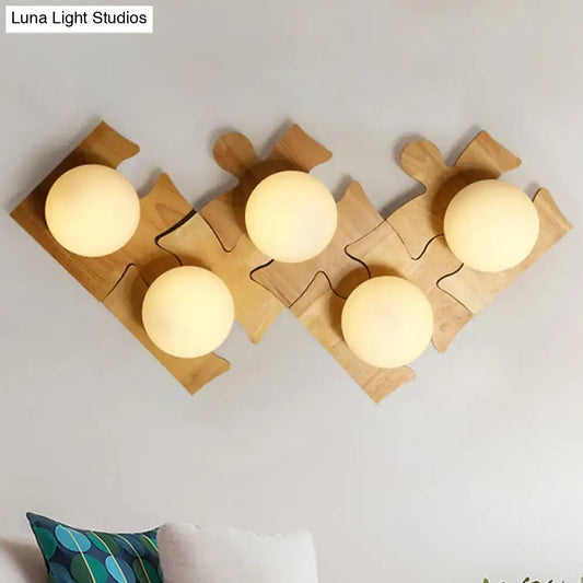 Wooden Puzzle Wall Light by Decorbites natural wood puzzle panels with five warm white globes on Tampa Home & Garden Store