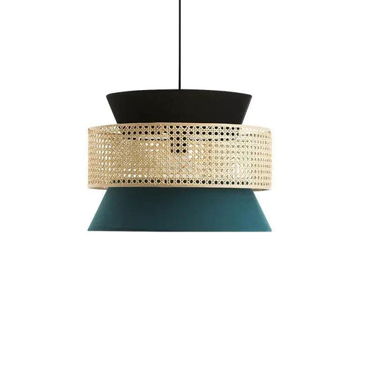 Japanese Style Chandelier with Retro Rattan, teal cone and gold woven band Decorbites on Tampa Home & Garden Store
