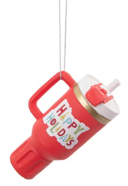 Happy Hydration Holiday Water Bottle Ornament red plastic tumbler with Happy Holidays on Tampa Home & Garden Store
