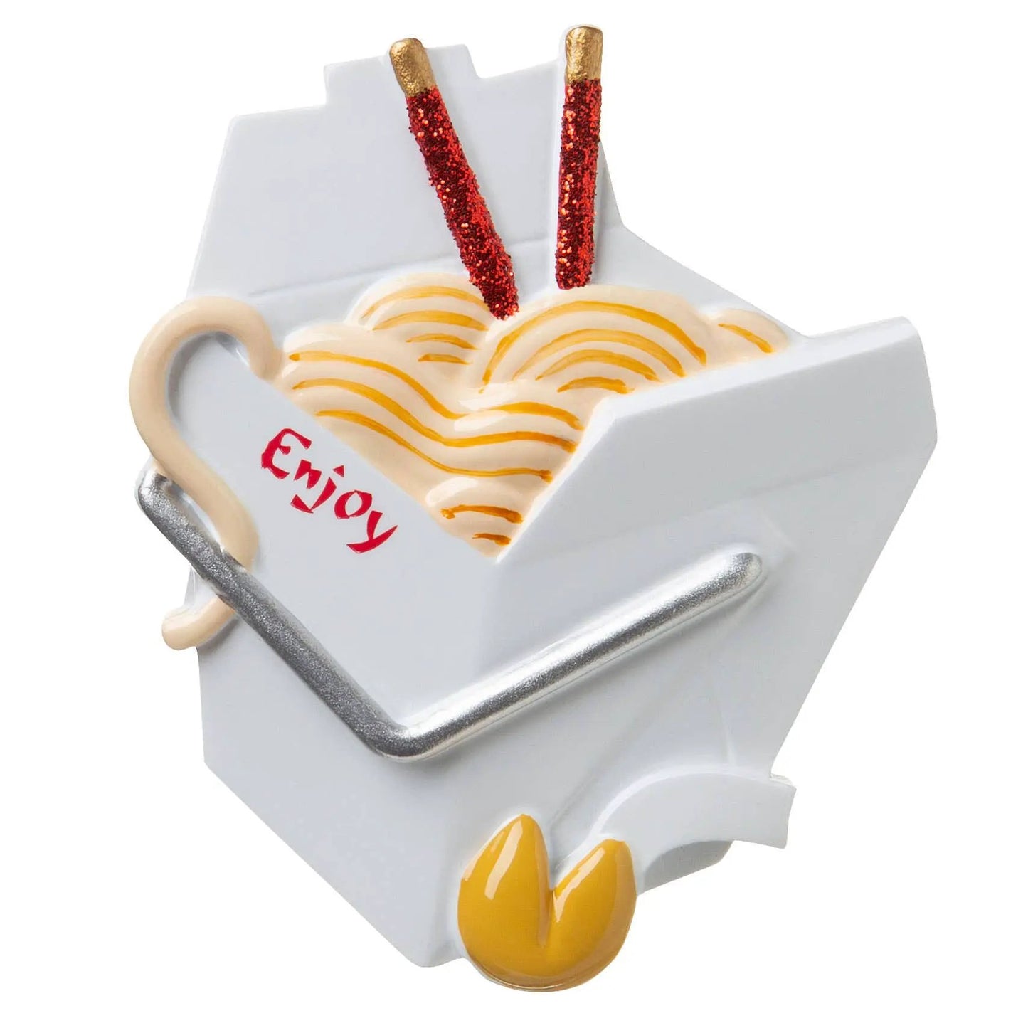 Chinese takeout ornament with red glitter chopsticks and swirled yellow noodles in a white to-go box on Tampa Home & Garden Store