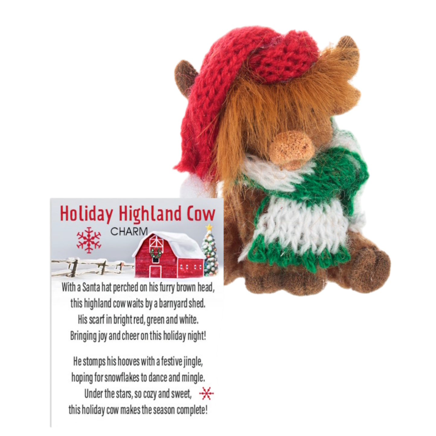 Holiday Highland Cow Charm with red Santa hat and green scarf The Country Christmas Loft on Tampa Home & Garden Store