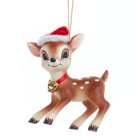 Resin deer ornament brown with white spots, red collar and gold bell, Santa hat on Tampa Home & Garden Store
