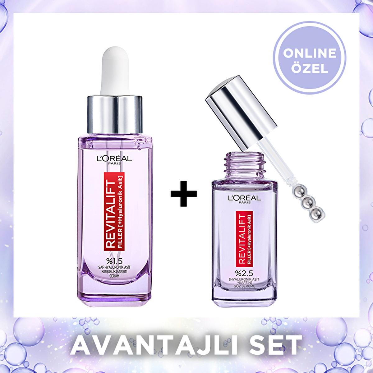 Face serum set L'Oreal Revitalift Hyaluronic Acid duo: two purple glass bottles with droppers on Tampa Home & Garden Store