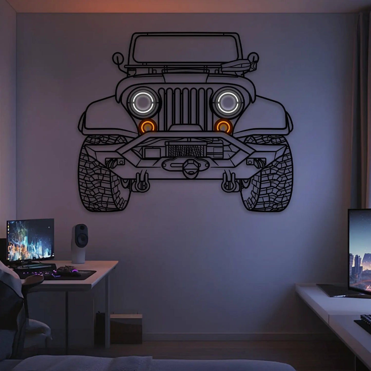 CJ7 Front View Metal Neon Car Wall Art by Modello Turbo with white circular headlights and orange accents on Tampa Home & Garden Store