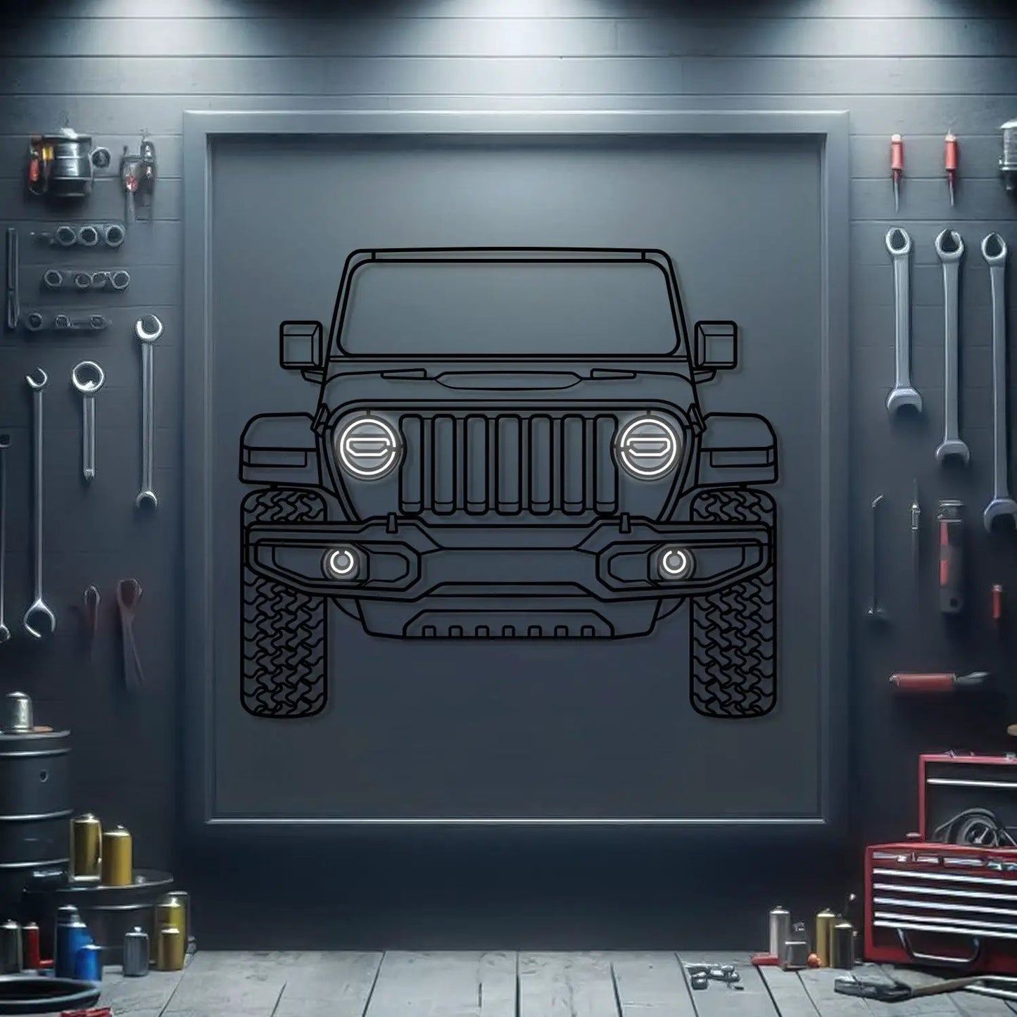 Wrangler Front View Metal Neon Car Wall Art Modello Turbo with glowing headlights on Tampa Home & Garden Store