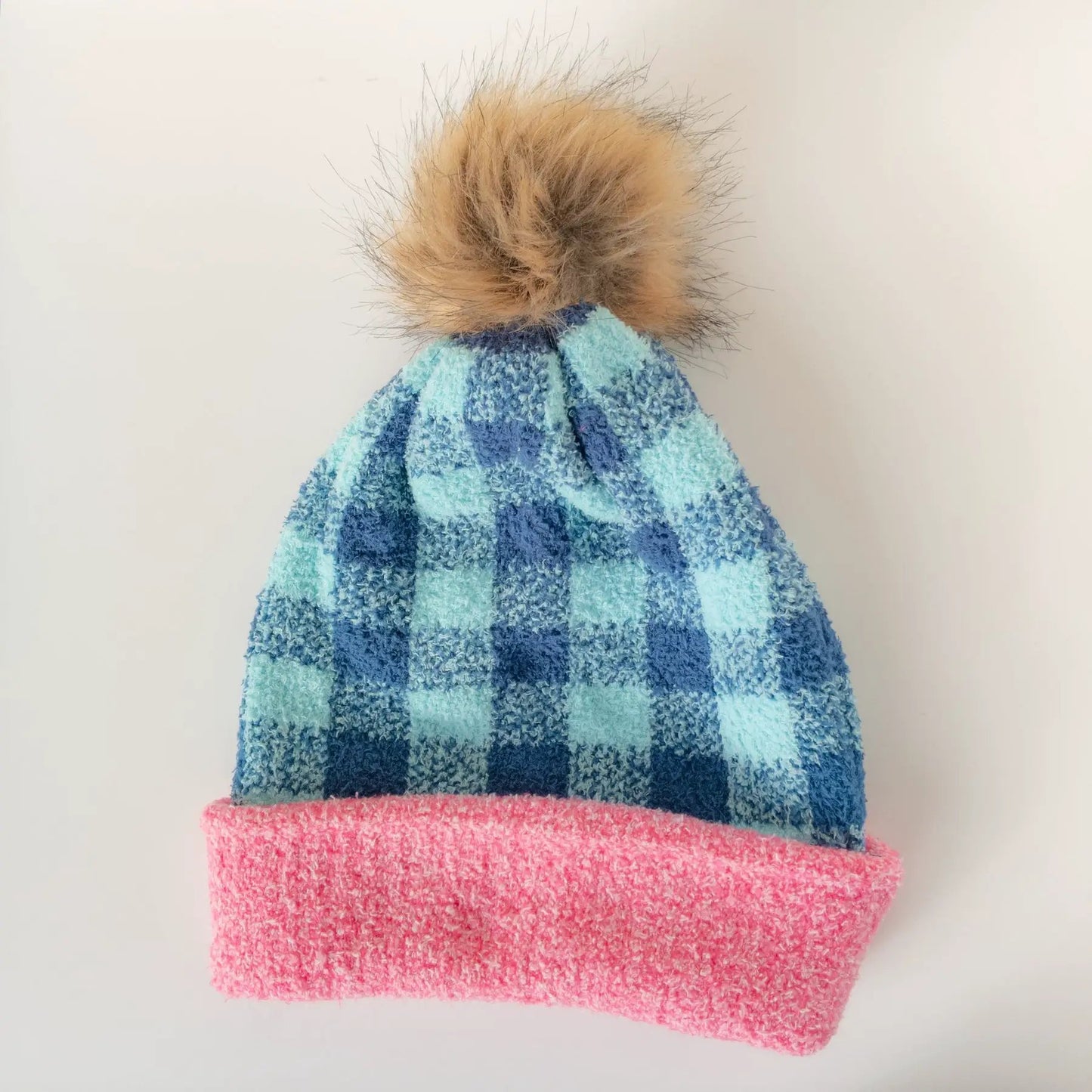 Weekend Collection Angel plaid pom hat fuzzy knit with tan pom by The Country Christmas Loft on Tampa Home & Garden Store