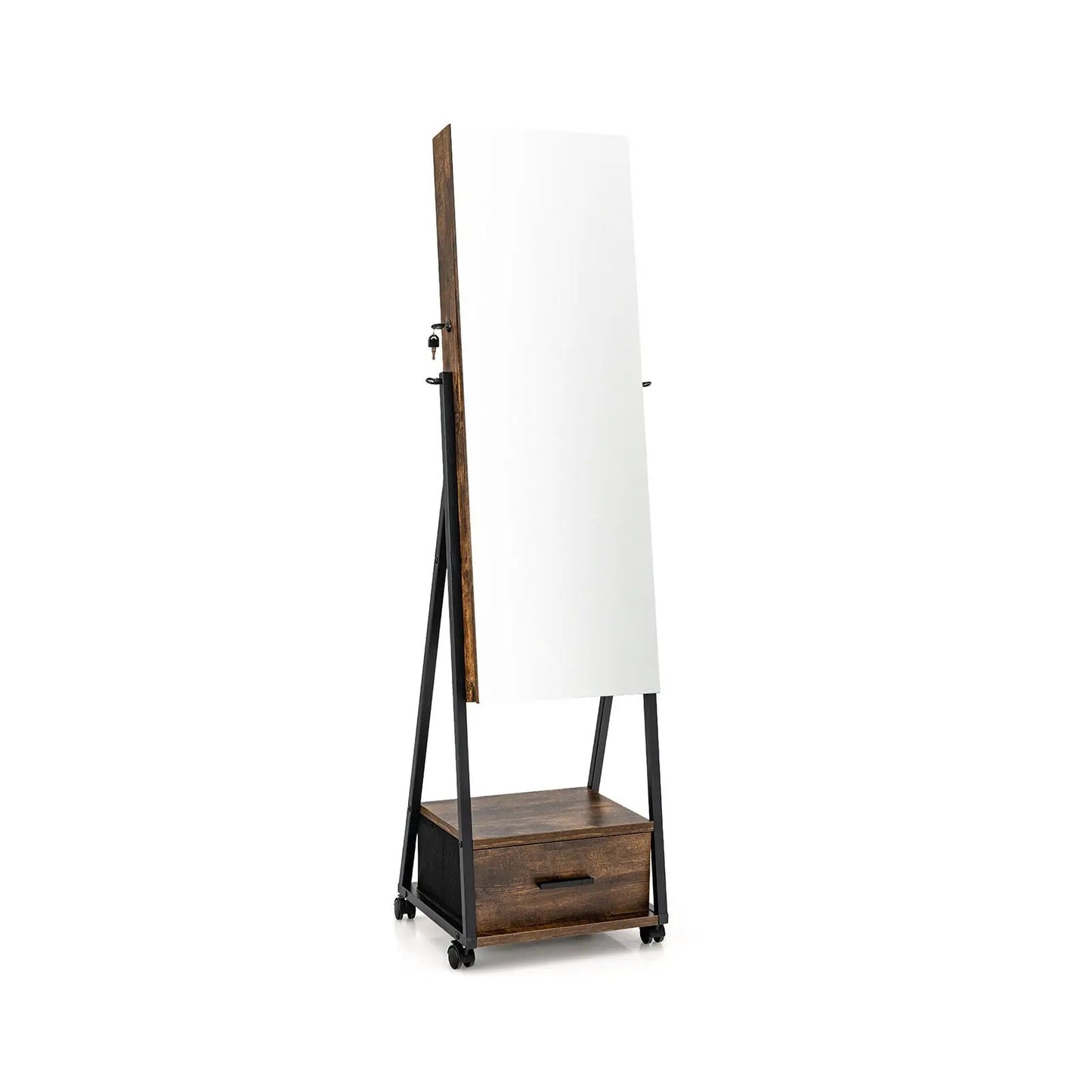 Jewelry cabinet with full-length mirror, brown wood frame on rolling stand with drawer on Tampa Home & Garden Store