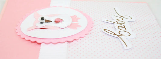 Handmade Welcome Baby Card Pink Owl with pink scalloped circle and gold Welcome banner on Tampa Home & Garden Store