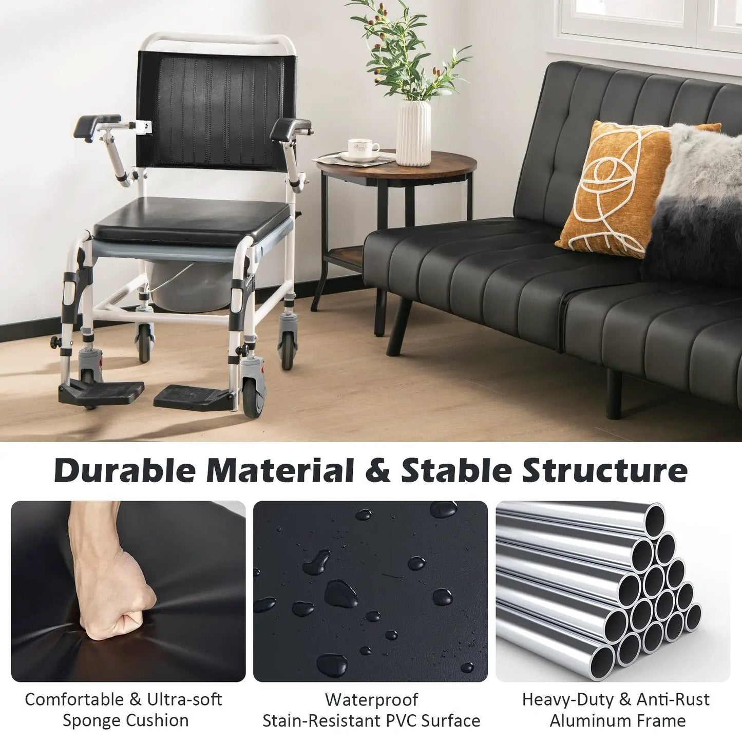 4-in-1 Bedside Commode Wheelchair with Detachable Bucket, white frame, black seat DirectDeals on Tampa Home & Garden Store