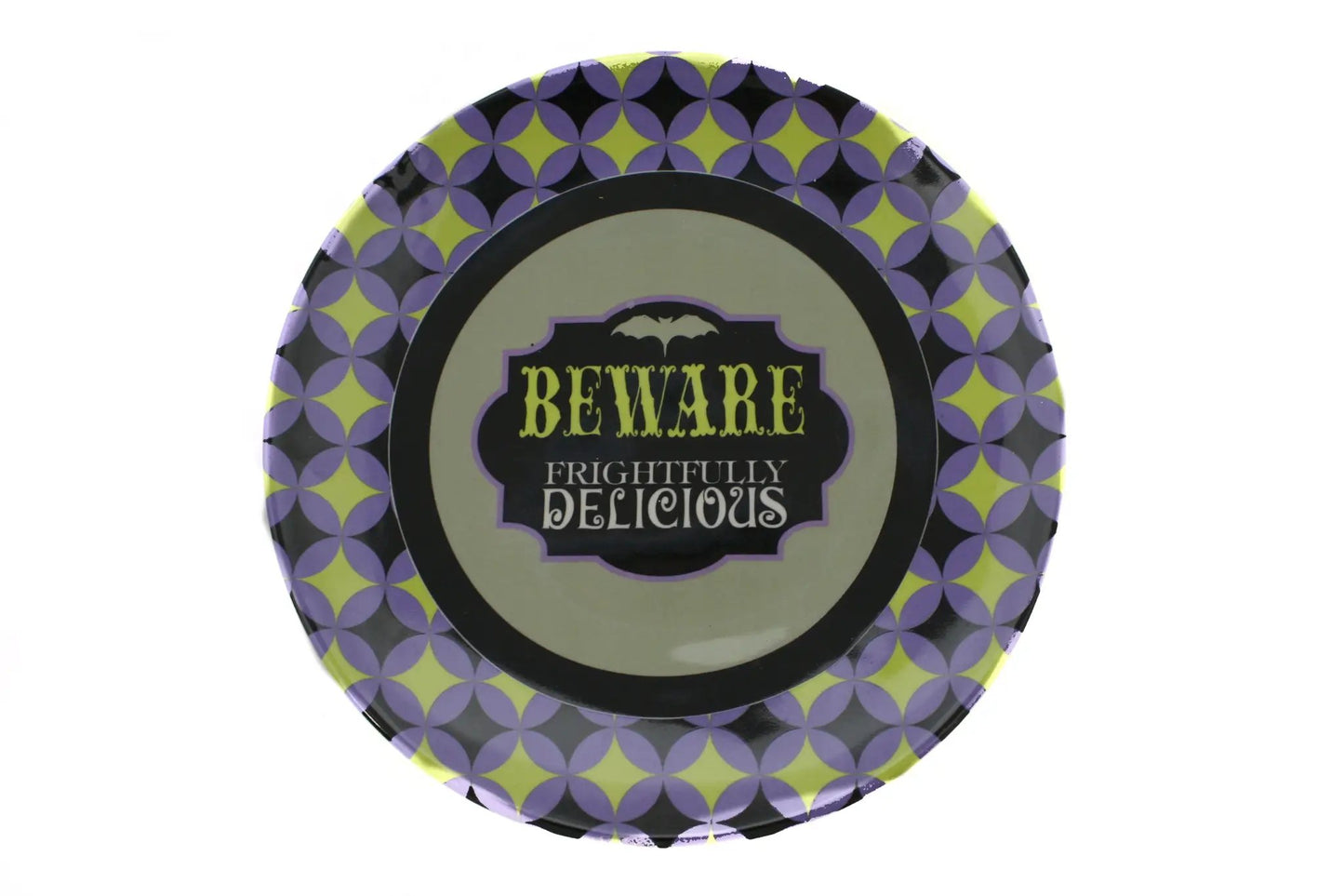 Spooky plate serving platter with purple lime pattern and Beware Frightfully Delicious on Tampa Home & Garden Store