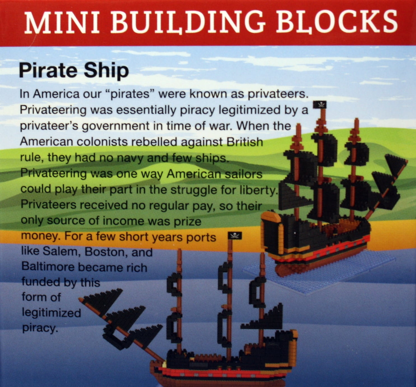 Mini Building Blocks Pirate Ship Kit brick-built black and orange ship with sails on Tampa Home & Garden Store