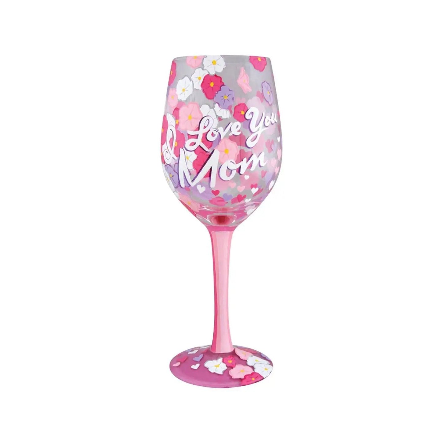 I Love You Mom 15 oz pink blown glass wine glass with floral motif by The Country Christmas Loft on Tampa Home & Garden Store