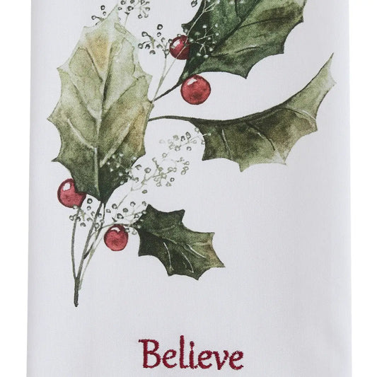 Holly and Berries Believe dishtowel with green holly leaves and red berries on white background on Tampa Home & Garden Store