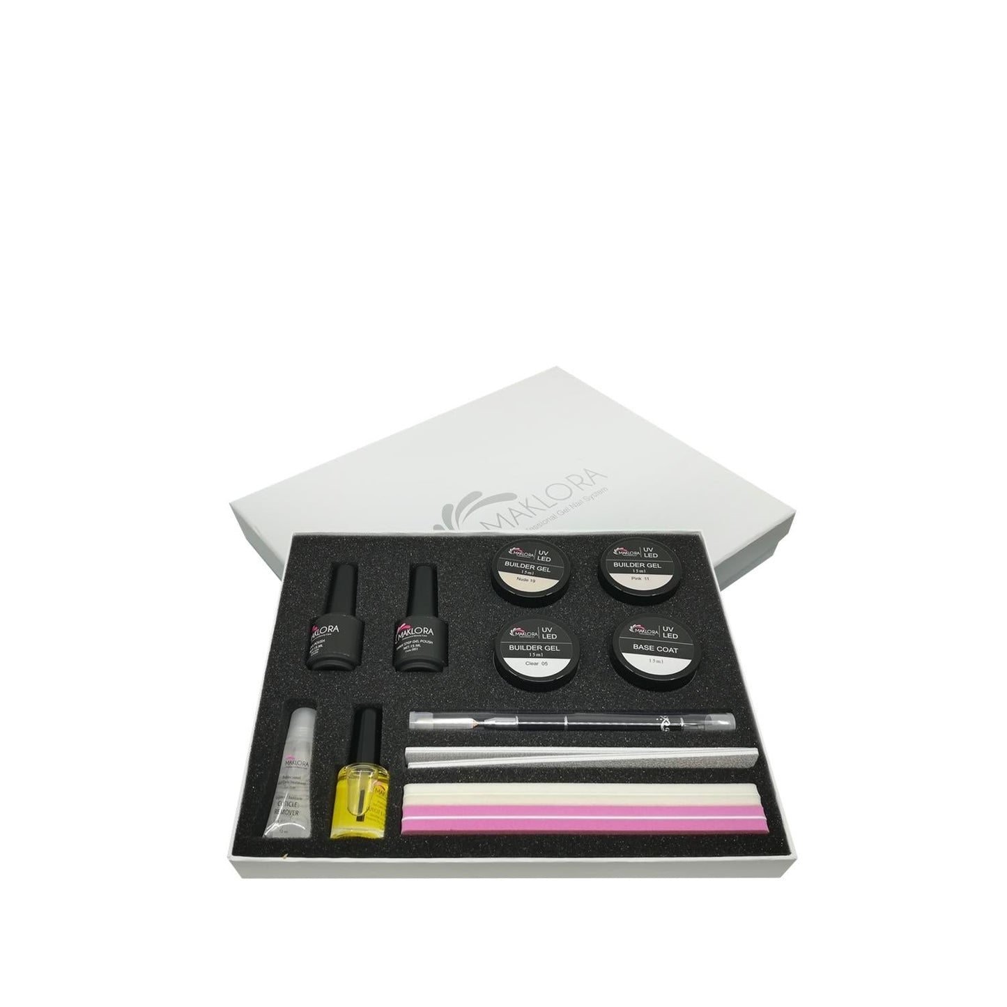 Maklora Nail Care Set with UV LED builder gels and base coat jars in foam tray on Tampa Home & Garden Store