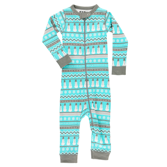 Nordic Snowman union suit onesie with turquoise background and snowman pattern on Tampa Home & Garden Store