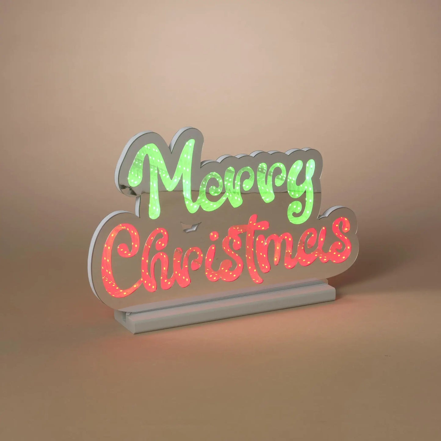 Lighted Infinity Mirror Merry Christmas decor sign with green Merry neon and red bulbs on Tampa Home & Garden Store