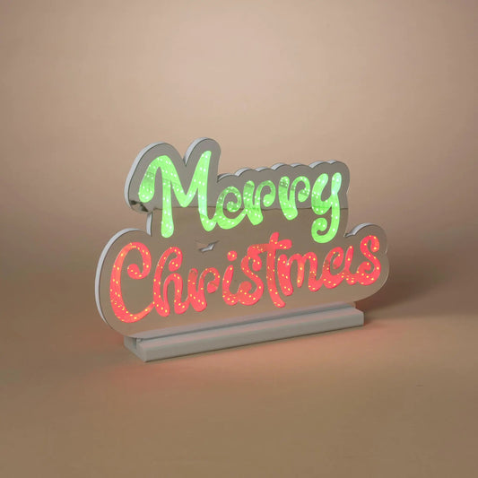 Lighted Infinity Mirror Merry Christmas decor sign with green Merry neon and red bulbs on Tampa Home & Garden Store