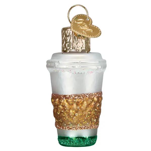 Gumdrop Mini Coffee To Go Glass Ornament white cup, gold glitter band on Tampa Home & Garden Store