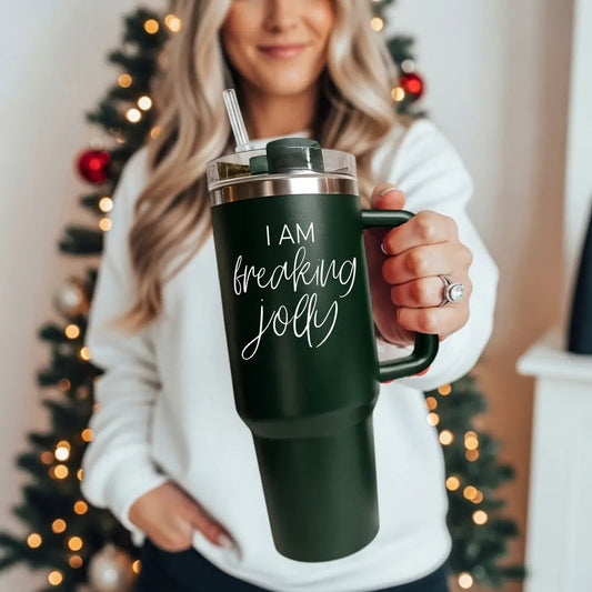 Jolly 40oz travel mug tumbler dark green with handle, clear lid, straw on Tampa Home & Garden Store