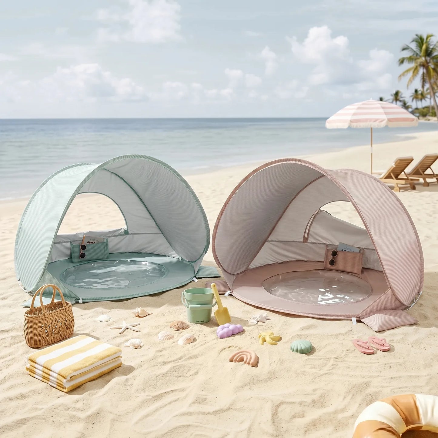 Tiny Land 3-in-1 Baby Beach Tent twin pastel mint and blush pink domed beach tents on sand on Tampa Home & Garden Store