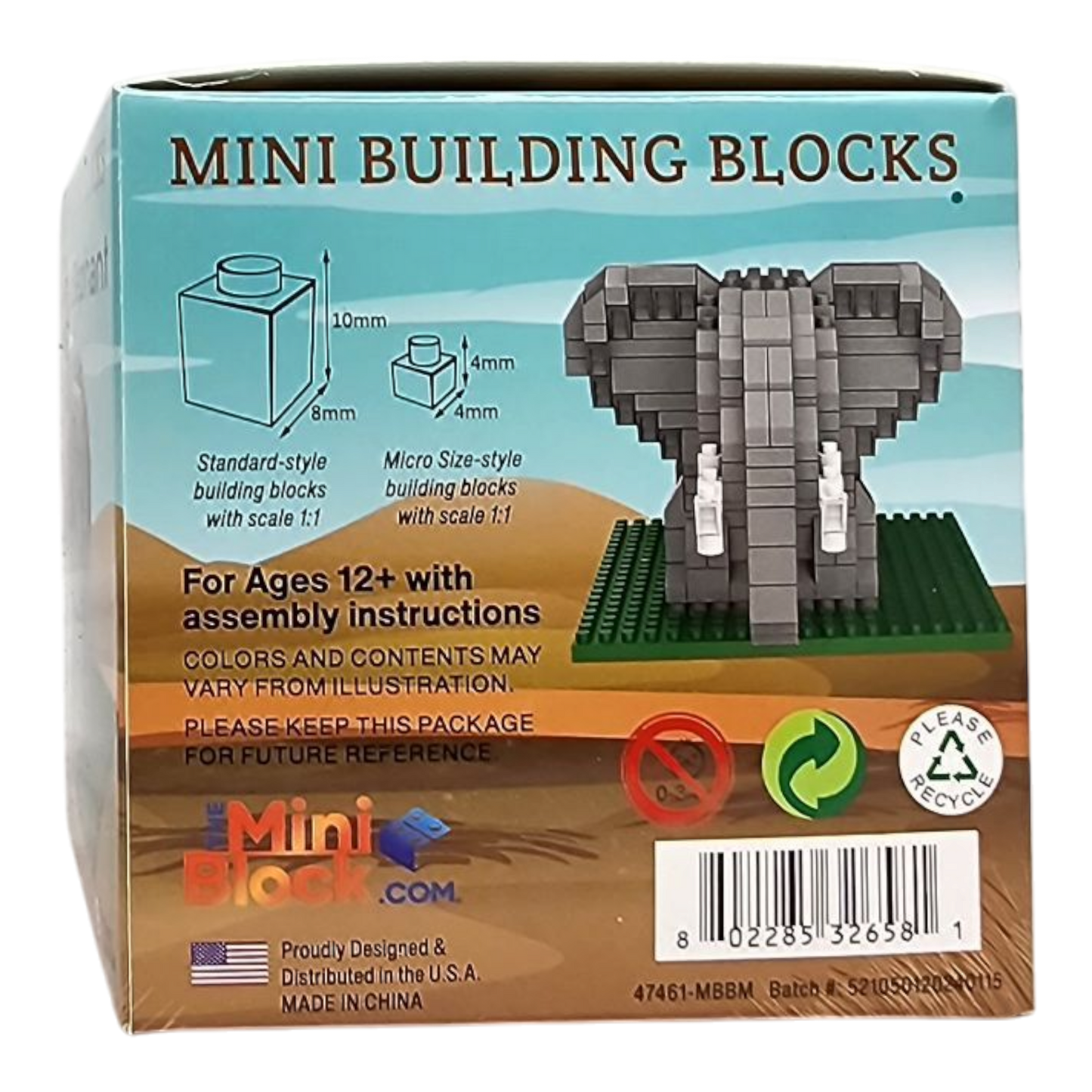 Mini Building Blocks Elephant set toy featuring gray block elephant on turquoise packaging on Tampa Home & Garden Store