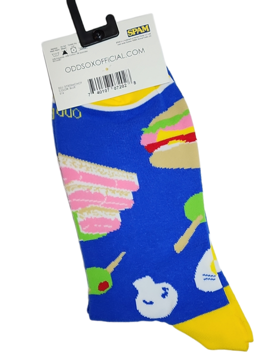 Spam Barbecue Crew Socks, blue with colorful BBQ graphics and yellow toe, one size fits men on Tampa Home & Garden Store