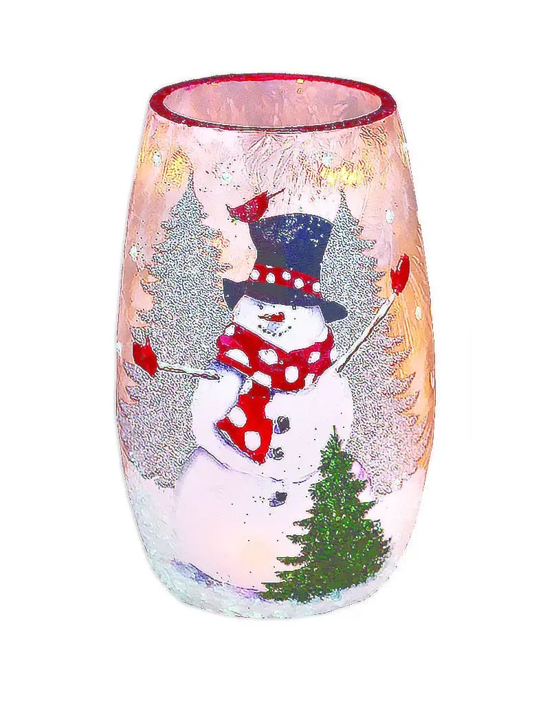 Cardinal and Snowman Lighted Jar with Ribbon pink glass lamp featuring a snowman, cardinal, trees on Tampa Home & Garden Store