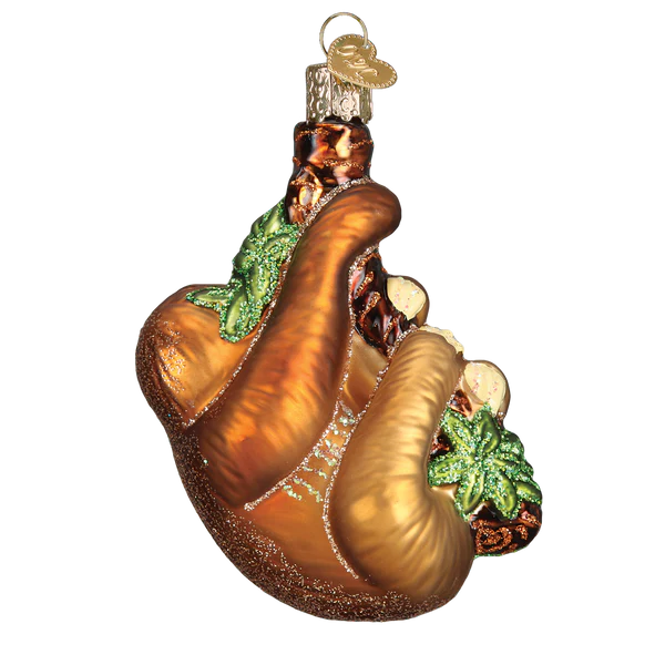 Sloth Glass Ornament for Tree Decor bronze/gold glass with green glitter leaves on Tampa Home & Garden Store