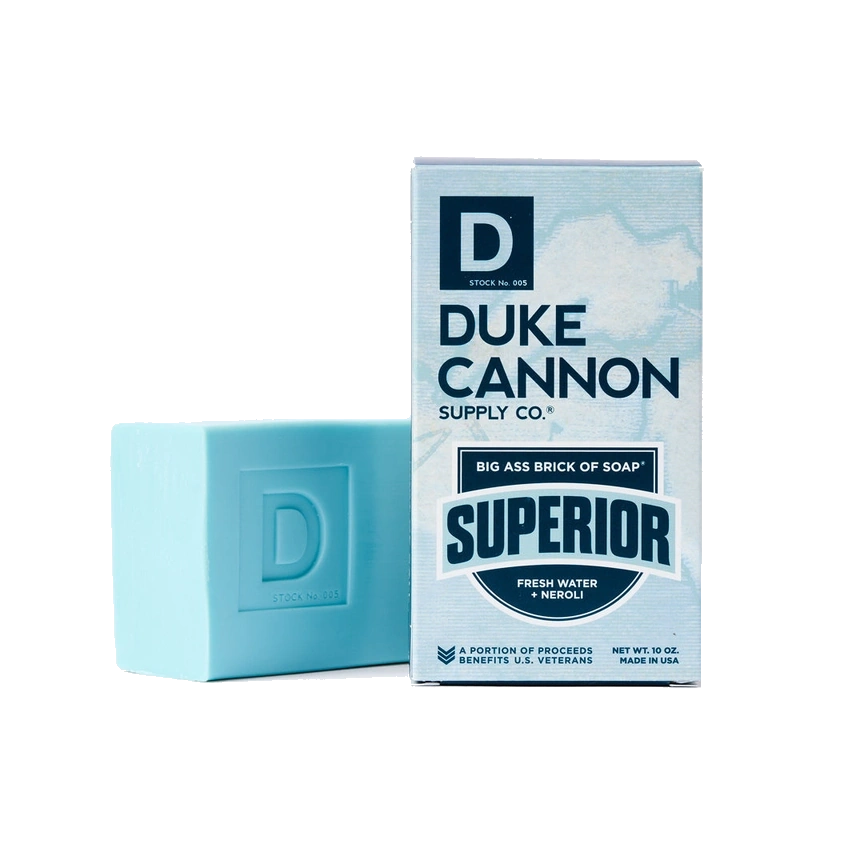 Duke Cannon Superior Fresh Water Neroli soap brick in light blue with boxed packaging on Tampa Home & Garden Store