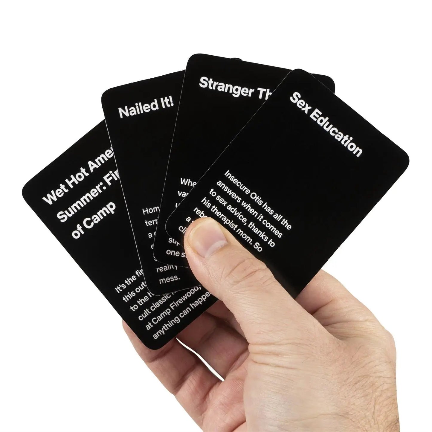 Netflix Trending Now Card Game for Adults black cards held in hand on Tampa Home & Garden Store