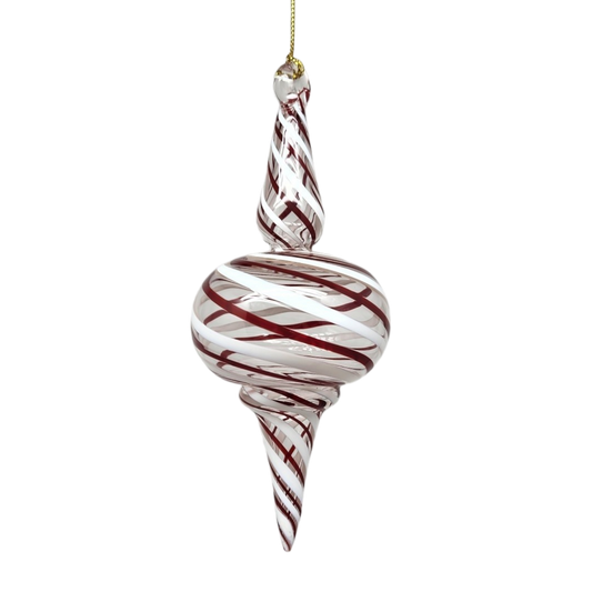 Peppermint Striped Spire Glass Ornament with maroon and white spiral stripes on Tampa Home & Garden Store