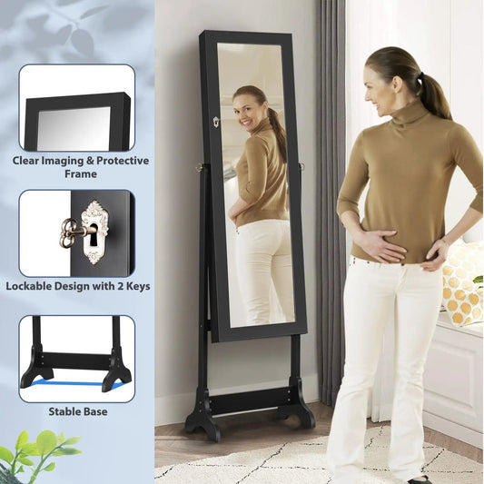 Lockable mirrored jewelry cabinet armoire in black frame by DirectDeals on stand on Tampa Home & Garden Store
