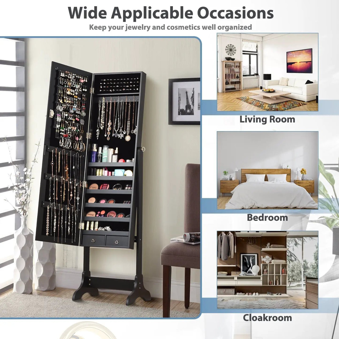 Lockable mirrored jewelry cabinet armoire in black by DirectDeals, open to show jewelry on Tampa Home & Garden Store