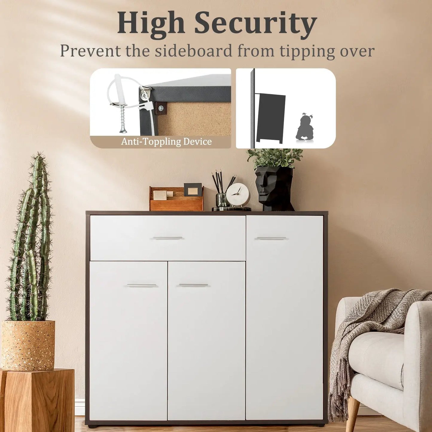 Buffet sideboard with spacious tabletop, white cabinet doors and dark frame by DirectDeals on Tampa Home & Garden Store