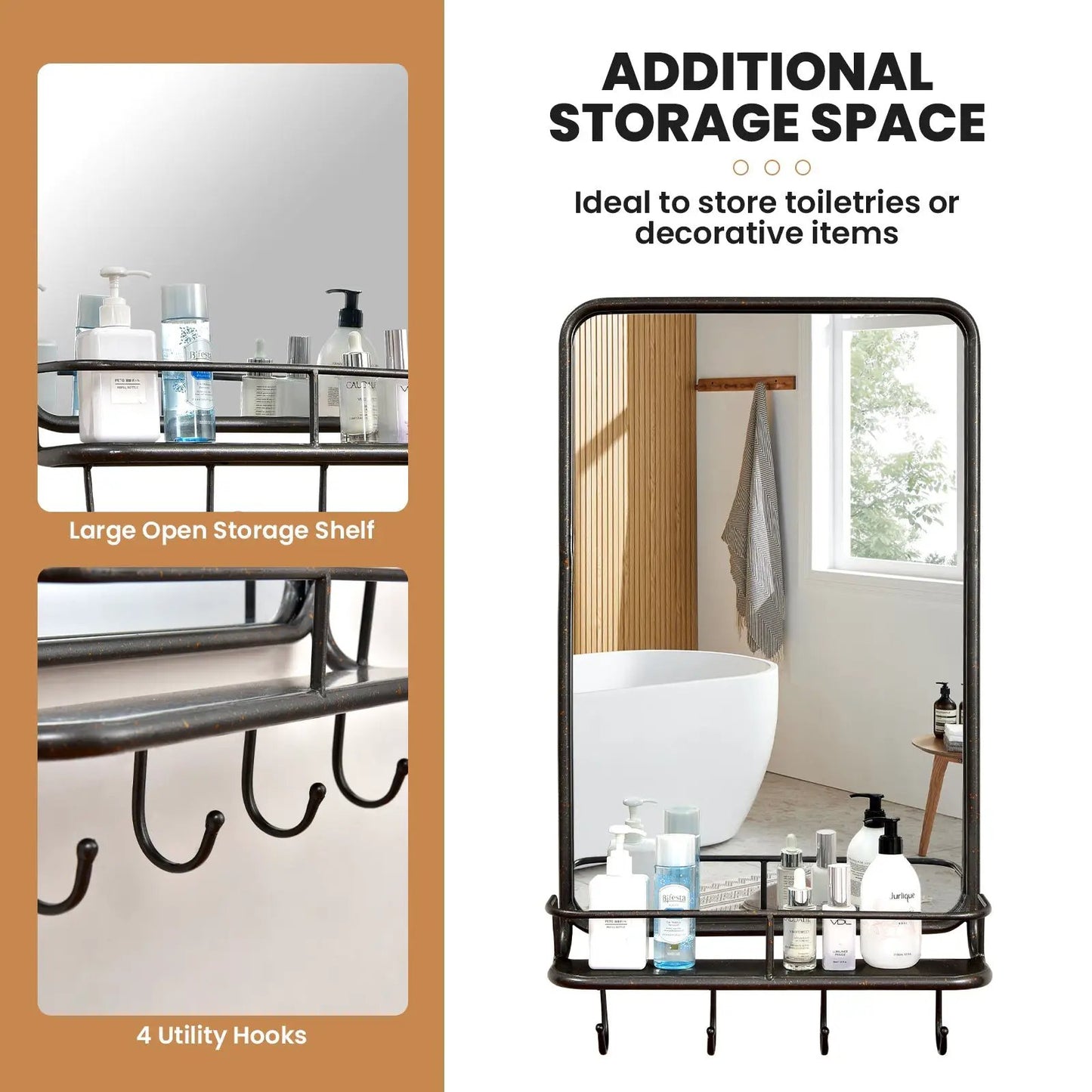 Wall Bathroom Mirror with Shelf Hooks Sturdy Metal Frame for Bedroom Living Room - Tampa Home & Garden Store