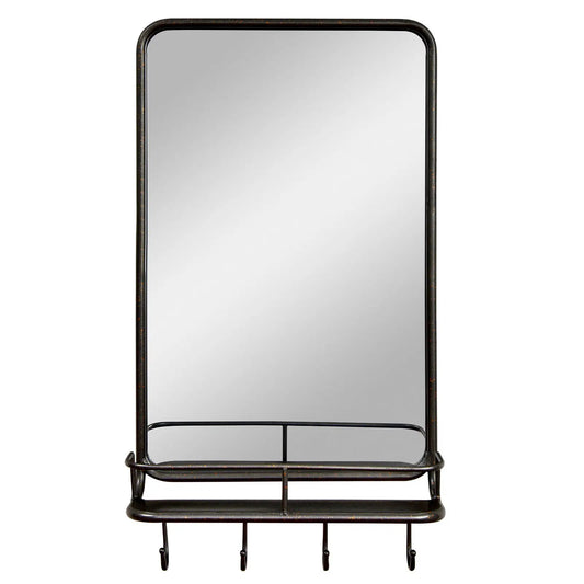 Wall mirror with shelf and hooks in rustic metal frame, 3 hooks on Tampa Home & Garden Store
