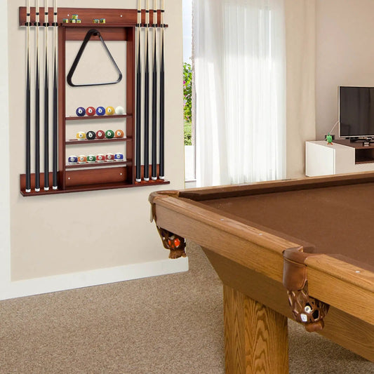Wall Mount Billiards Cue Rack holds 8 cues, wooden brown finish with triangle rack on Tampa Home & Garden Store
