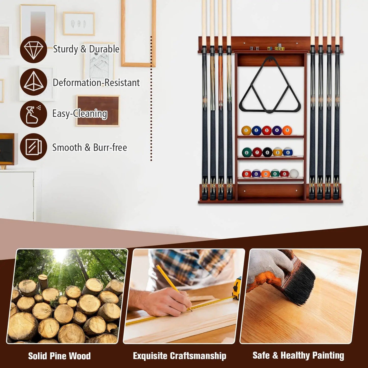 Wall Mount Billiards Cue Rack holds 8 cues, wood finish, DirectDeals on Tampa Home & Garden Store