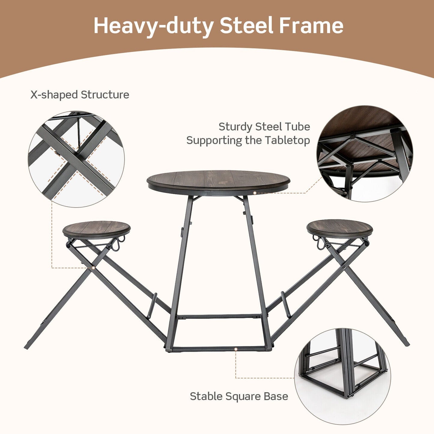 Juego de mesa de comedor de 3 piezas con 2 taburetes plegables para espacios pequeños - Gris
