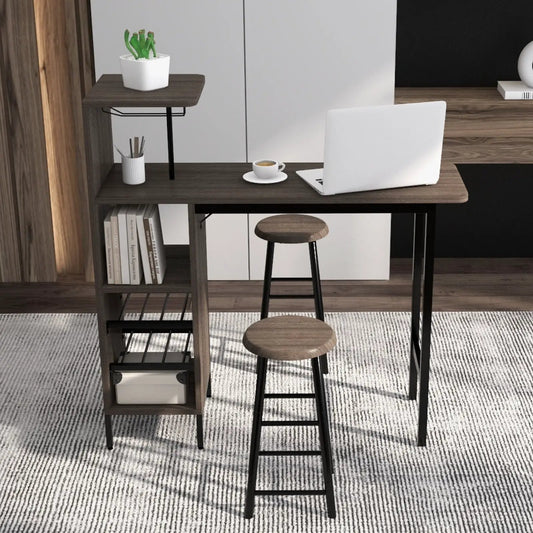 3 Piece Bar Table and Chairs Set with Wine Rack in brown wood finish with 2 stools on Tampa Home & Garden Store