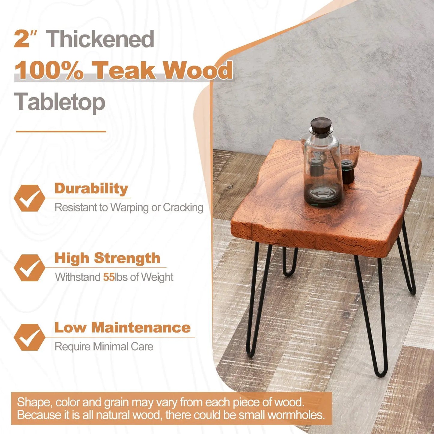 Square reclaimed Indonesian teak end table with natural finish and black hairpin legs on Tampa Home & Garden Store
