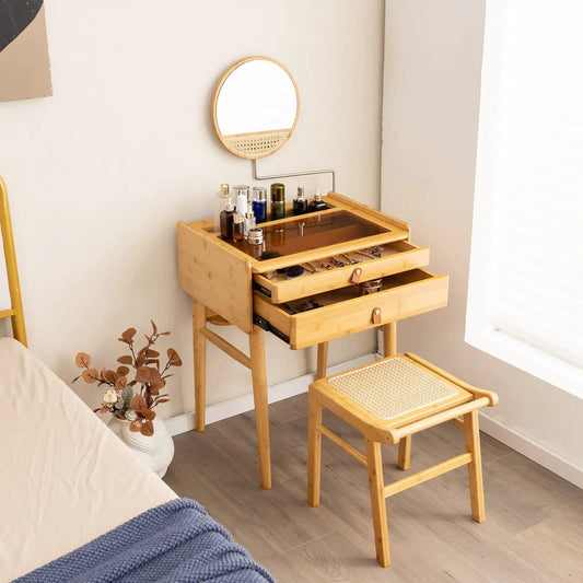 Bamboo Vanity Stool with Rattan Top by DirectDeals in natural finish beside a bamboo vanity on Tampa Home & Garden Store