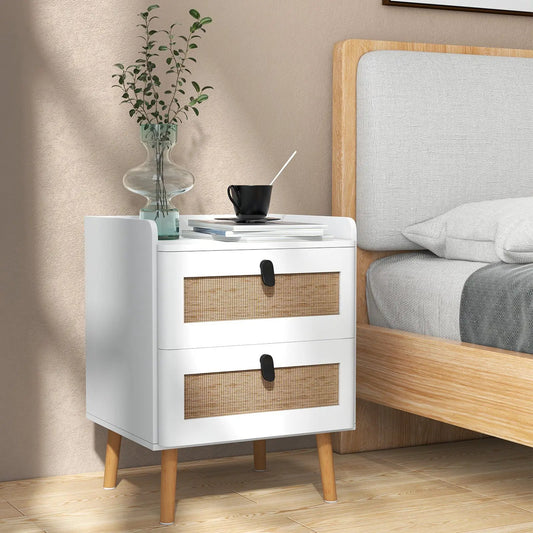 Modern Bedside End Table with 2 Rattan Drawers, white case, caned fronts, DirectDeals on Tampa Home & Garden Store