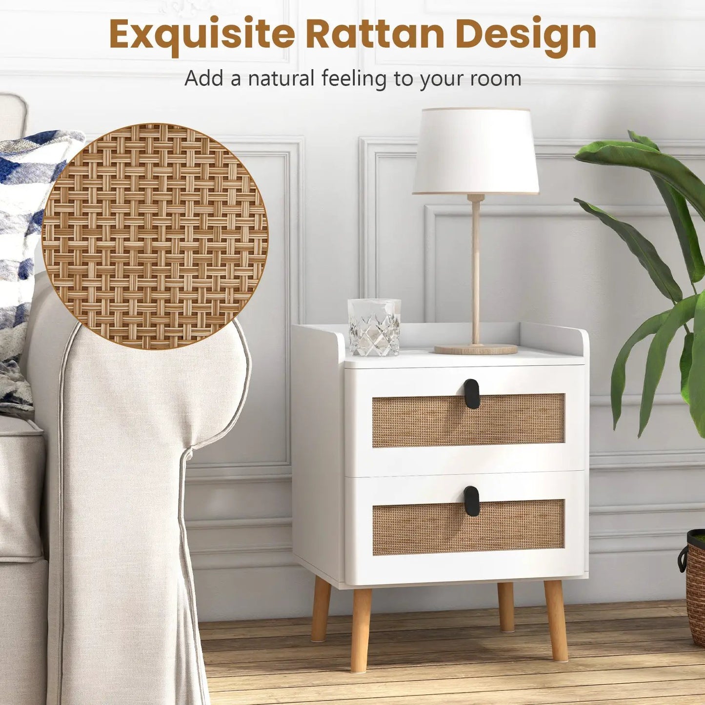 White modern bedside end table with 2 woven rattan drawers and light wood legs on Tampa Home & Garden Store