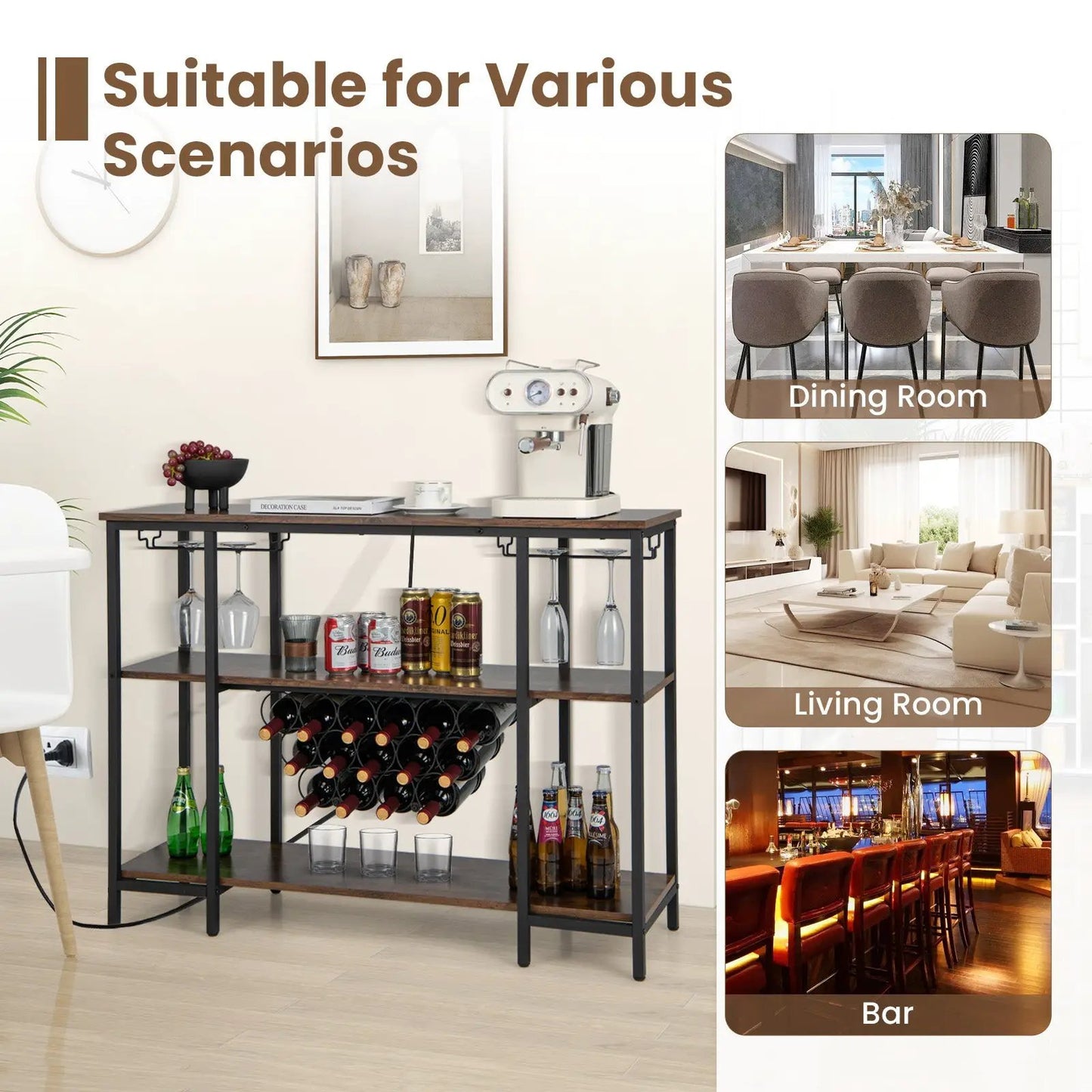 Industrial wine rack and bar cabinet with wood shelves, bottle storage and glassware on Tampa Home & Garden Store
